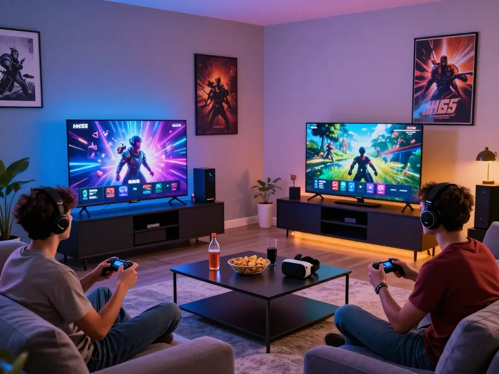 Friends enjoying the HH55 gaming platform in a modern living room.