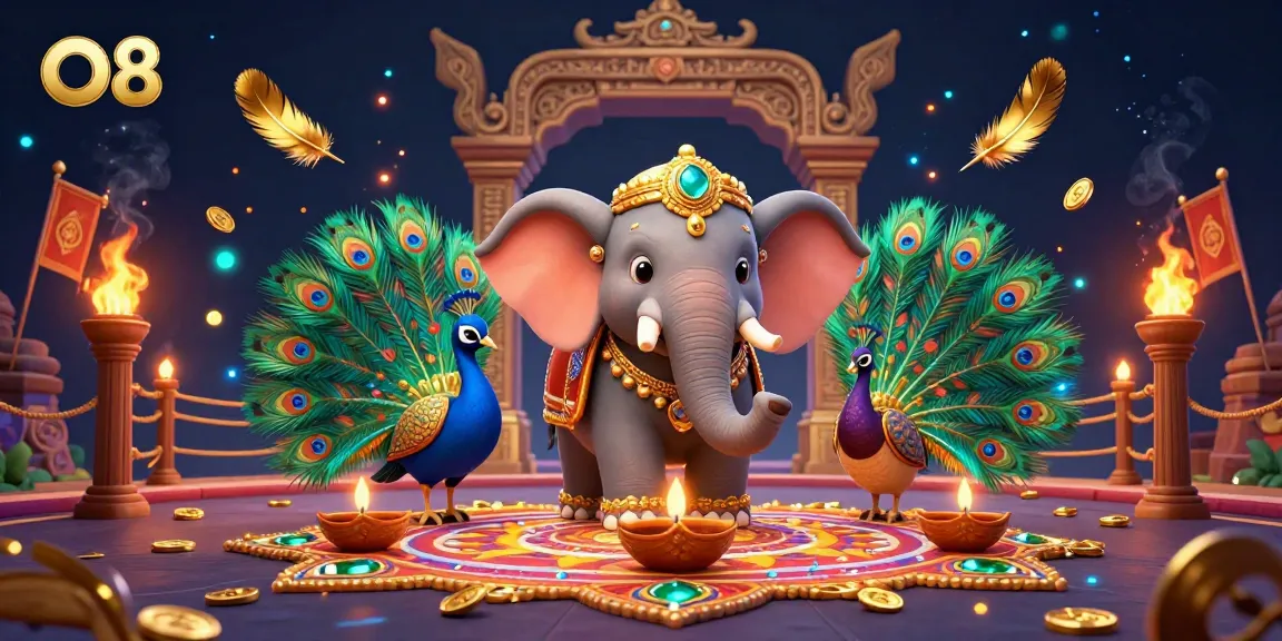 Engage with O8's vibrant casino adventure featuring a cartoon elephant and peacock celebrating with colorful decorations and gems.