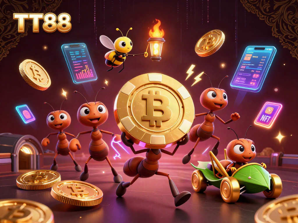 Engage in thrilling gameplay at TT88 with a heist scene featuring animated ants, crypto elements, and poker excitement.