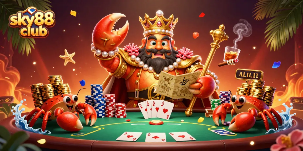 Engage in strategic gameplay at sky88 club with vibrant poker elements and a golden crab emperor.