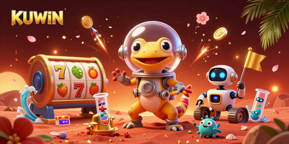 KUWIN showcases a vibrant scene with a Martian gecko uncovering a golden casino, surrounded by festive slot game elements.