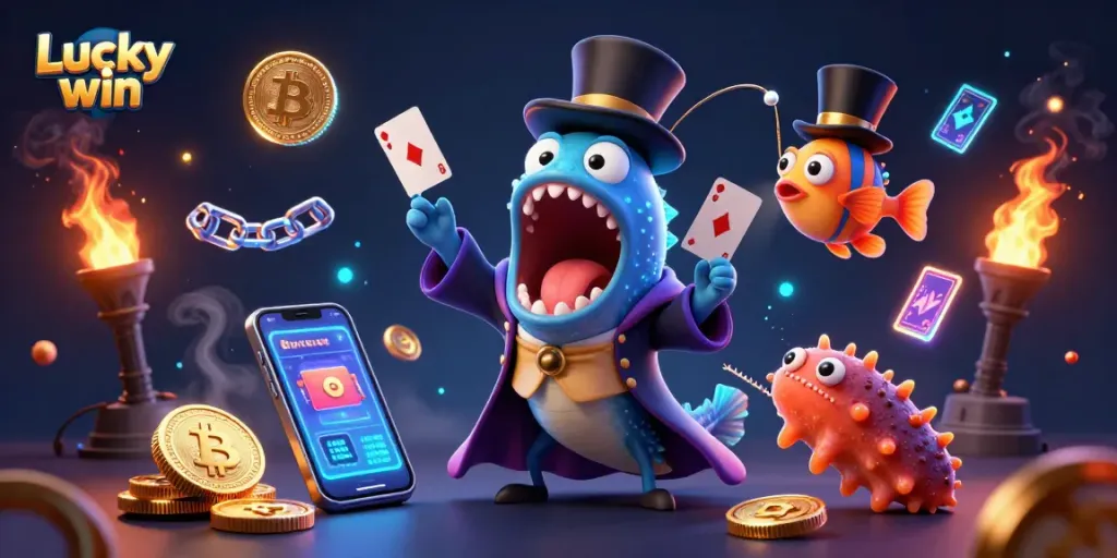Play at Lucky win and enjoy thrilling games in this magical underwater casino illustration.