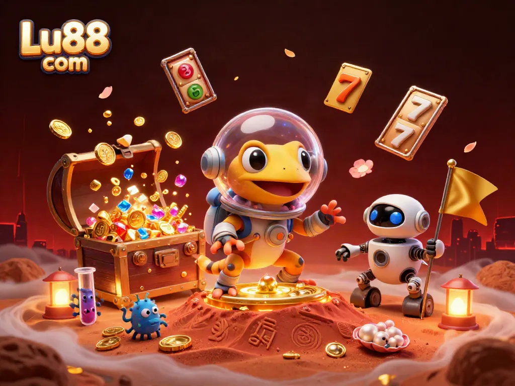 Experience fun at Lu88 com with a Martian gecko finding a golden casino amidst vibrant game elements