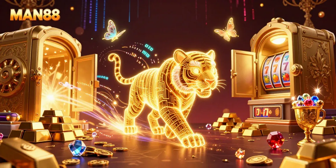 Engage with MAN88 in an electrifying casino scene filled with glimmering gold, slot machines, and a luminous tiger.