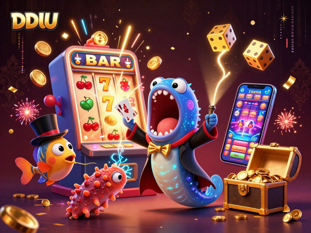 DDUU's vibrant slot experience features a bioluminescent eel magician amidst winning symbols.