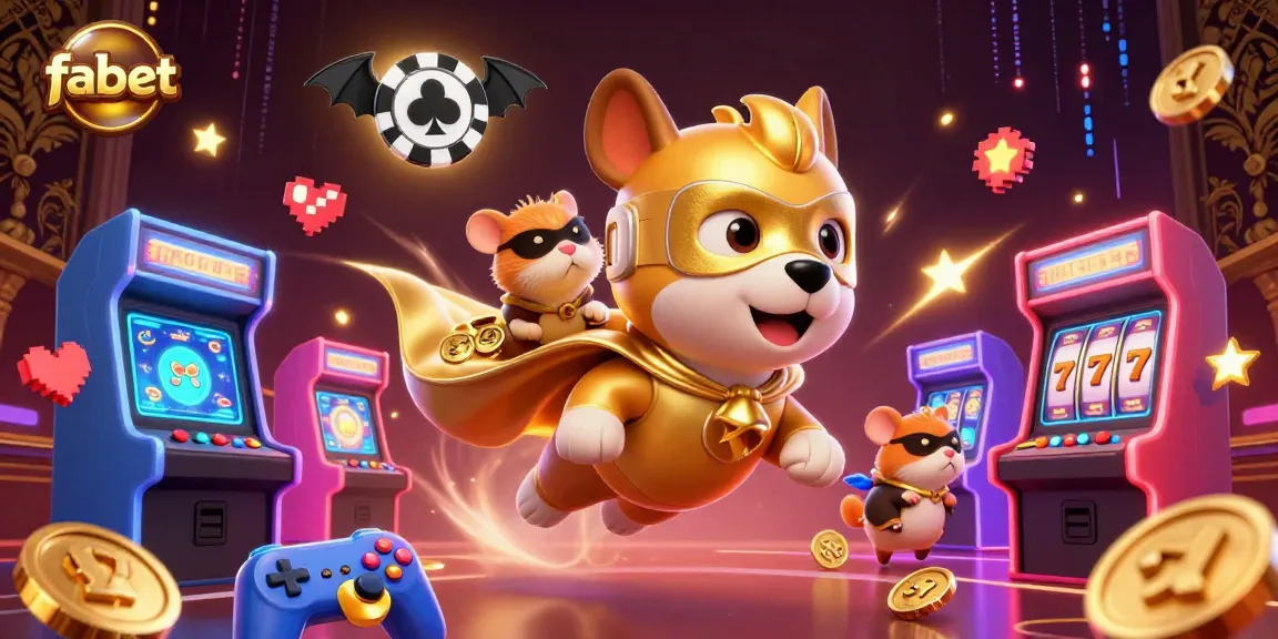 Experience fabet with a superhero dog and hamster amidst colorful casino elements.