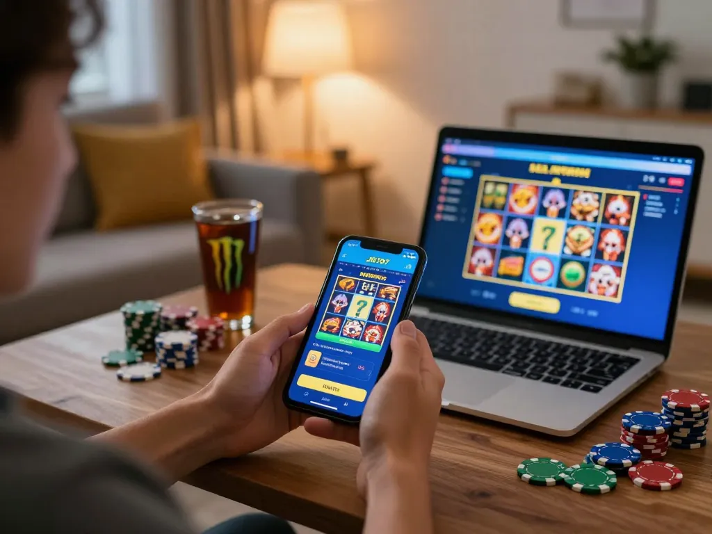 Engaged player using Jili707 slot machines Brazil app on smartphone in a cozy home setting.
