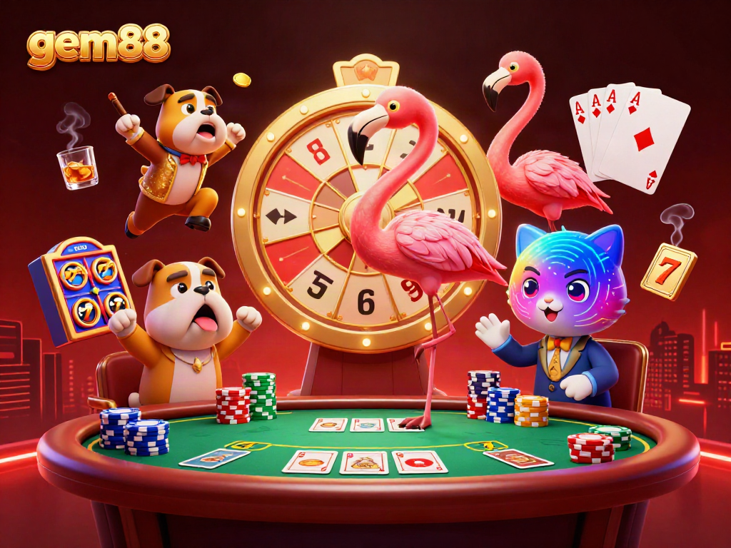 Play exciting games at gem88 casino with colorful prize displays and energetic cartoon characters.