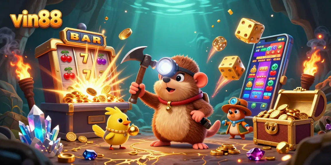 Experience winning thrills at vin88 with an animated treasure cave scene showcasing colorful casino elements.