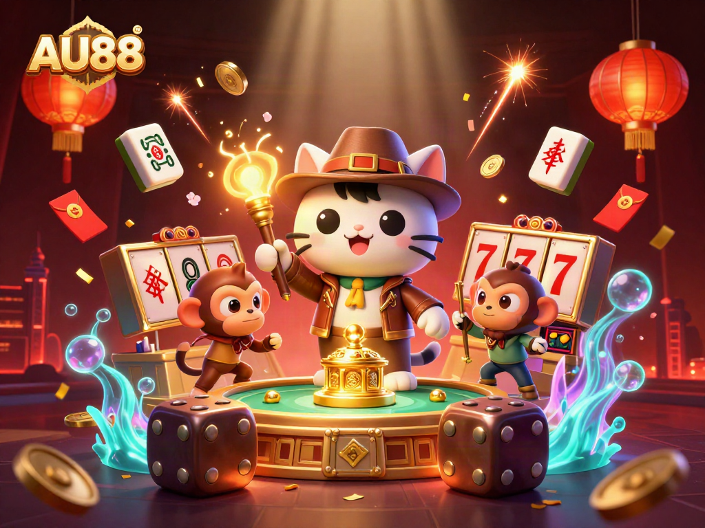 Immerse in the dynamic action of AU88 as a cartoon cat explores a golden casino treasure amidst vibrant gambling elements.
