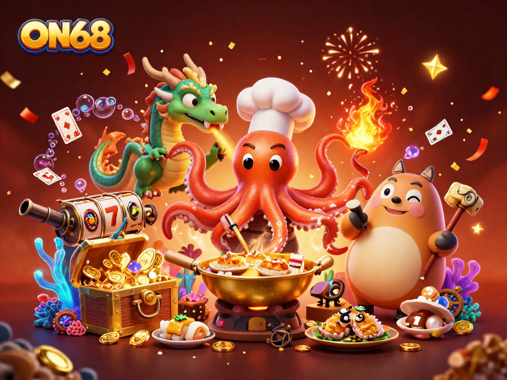 Experience ON68 with vibrant slot games as a sushi chef and dragon entertain players.