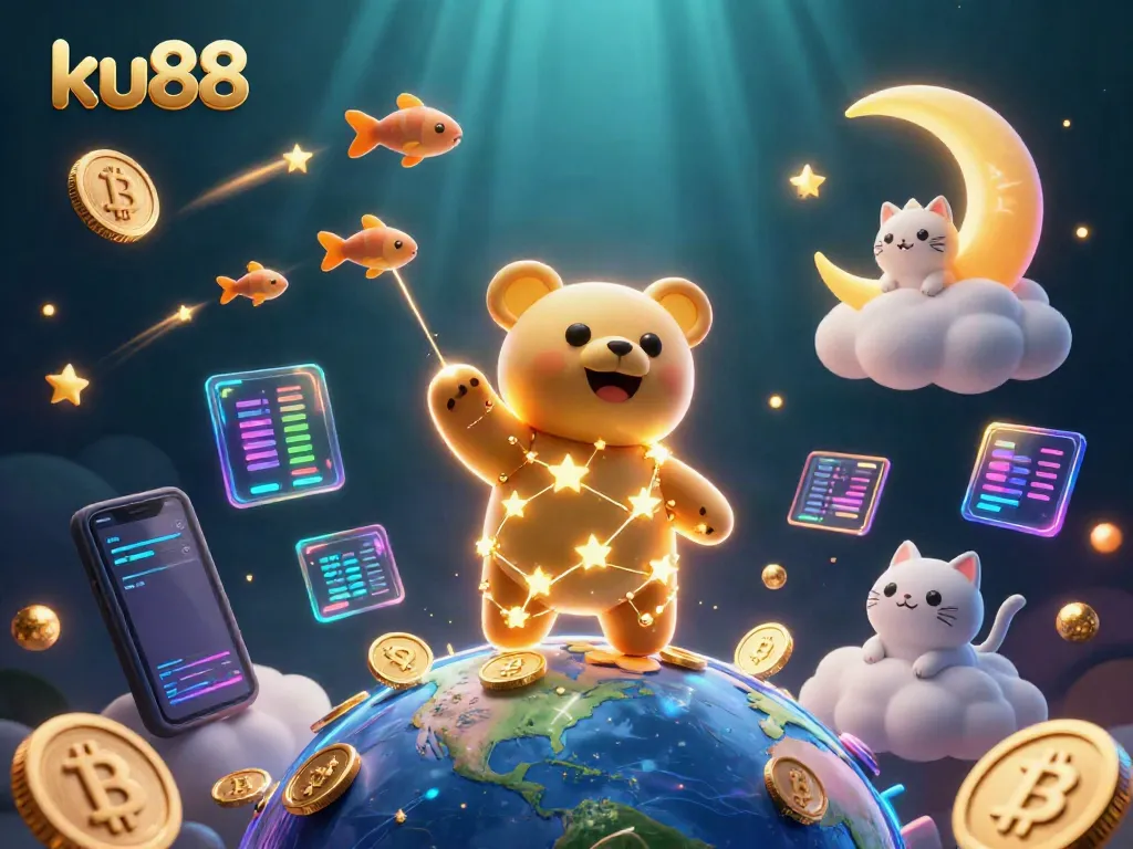 Experience exciting gameplay with ku88 amidst golden coins and crypto elements in a vibrant digital scene.