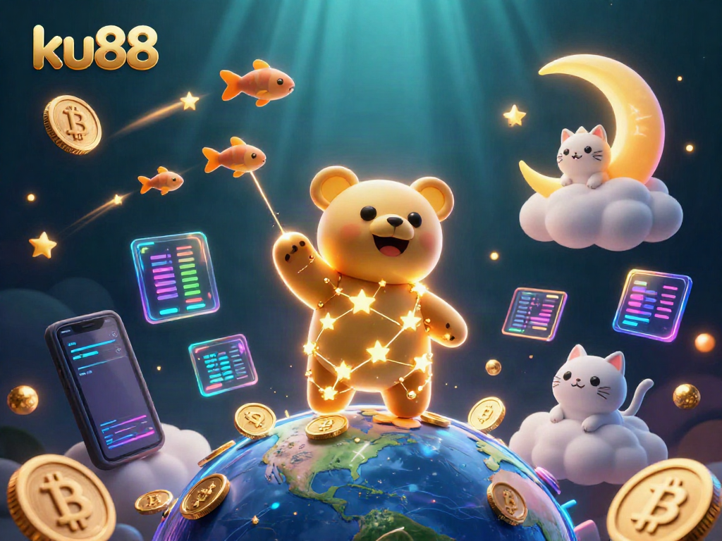 Experience exciting gameplay with ku88 amidst golden coins and crypto elements in a vibrant digital scene.