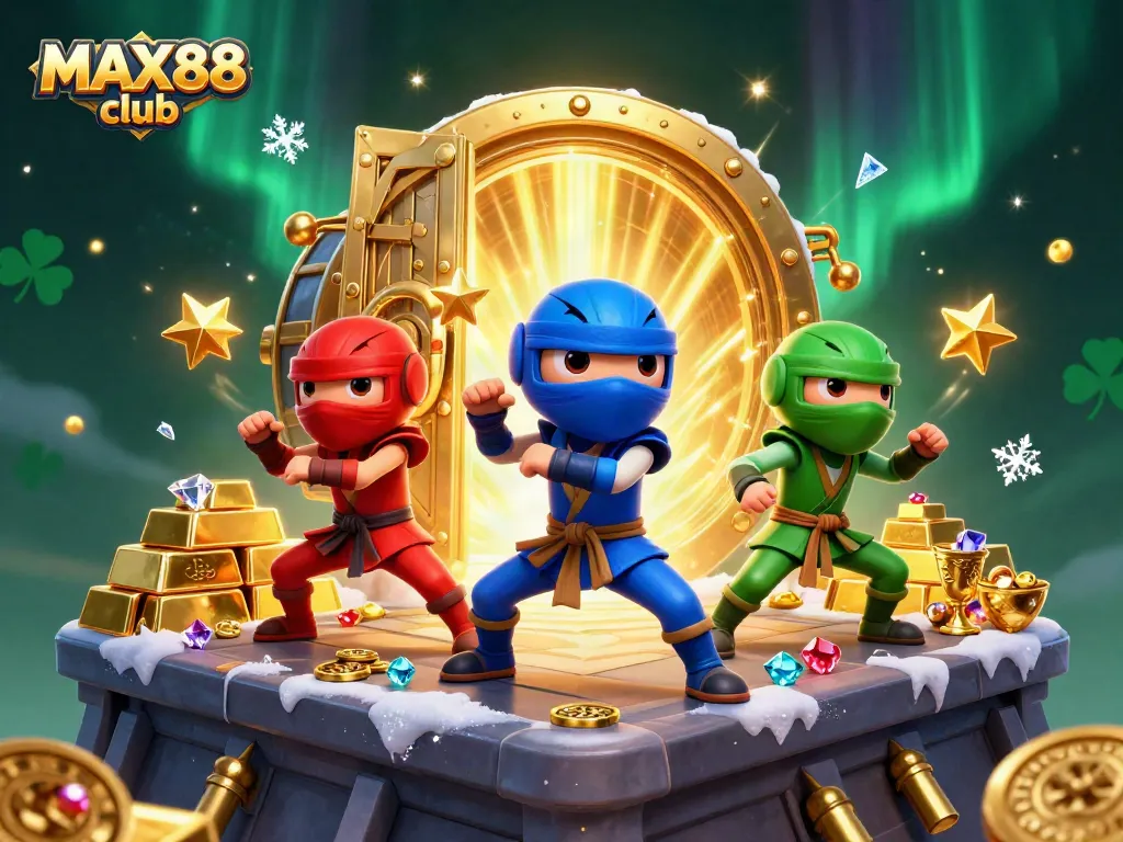 Engage in excitement at the MAX88 club with 3D ninja chameleons showcasing their martial arts amidst a treasure-filled casino.
