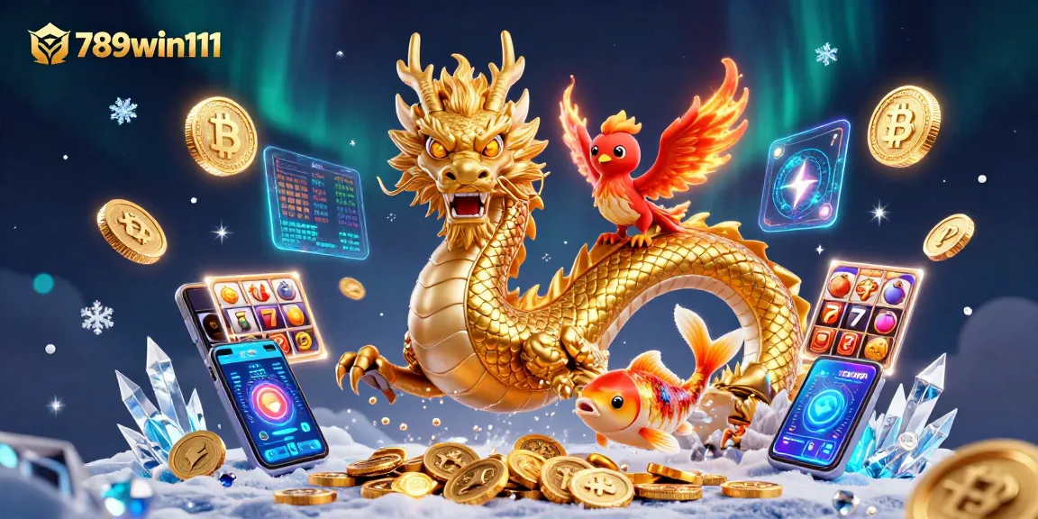 Experience excitement at 789win111 with a golden dragon, koi fish, and vibrant gaming elements.