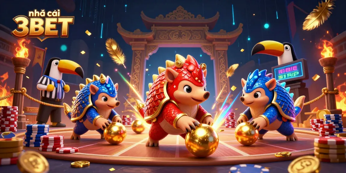 Experience the excitement at nhà cái 3BET while rival pangolins playfully bowl loot in a vibrant 3D casino scene.