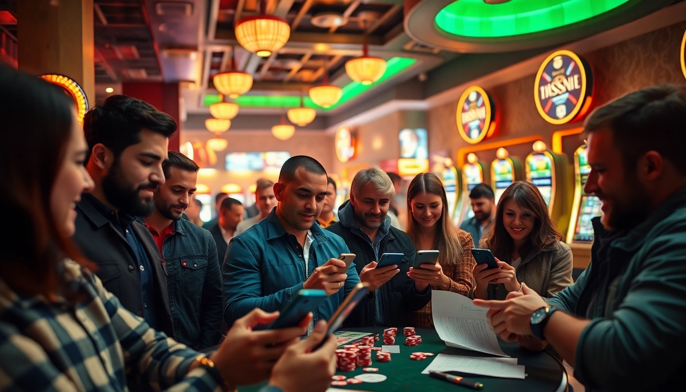 Parieurs engagés dans le rugby paris sportif, analysant les statistiques dans un casino animé.