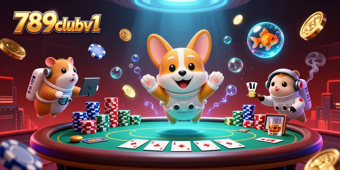 Engaging scene at 789clubv1 showcases a playful corgi and friends in a casino atmosphere.