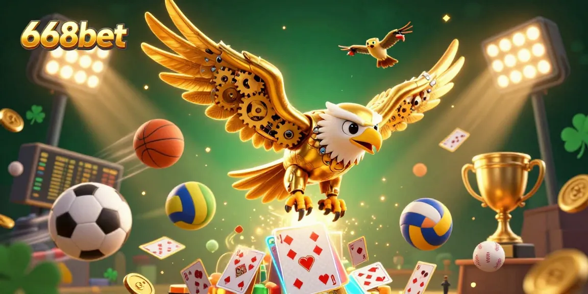 Experience thrilling wins with 668bet's dynamic gambling scene featuring a golden eagle and holographic elements.