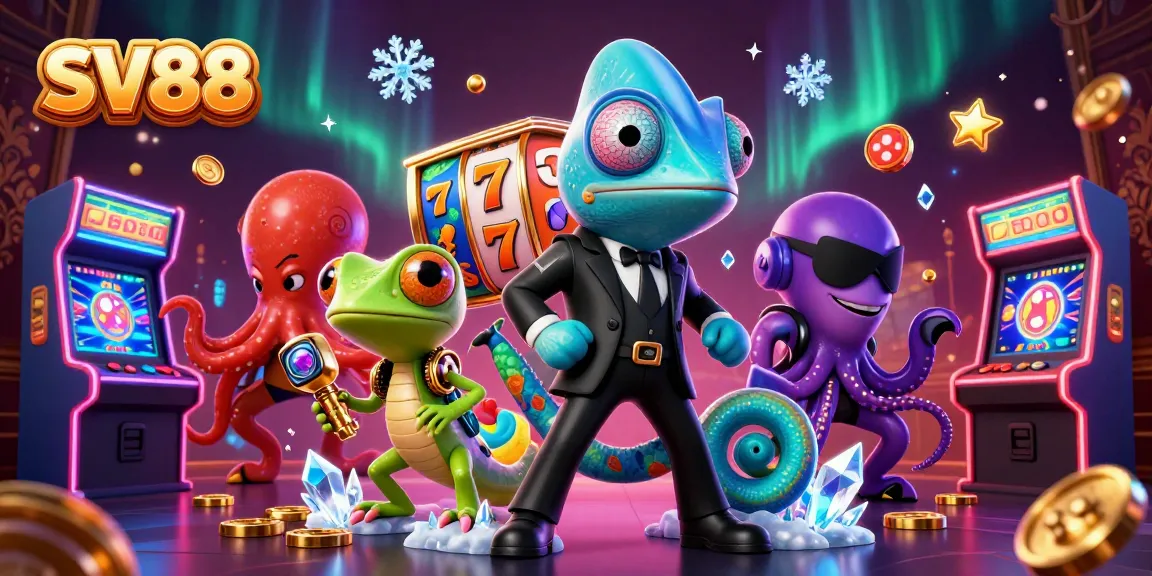 SV88 showcases a vibrant casino scene with characters and slot game elements, capturing high-energy gaming action.