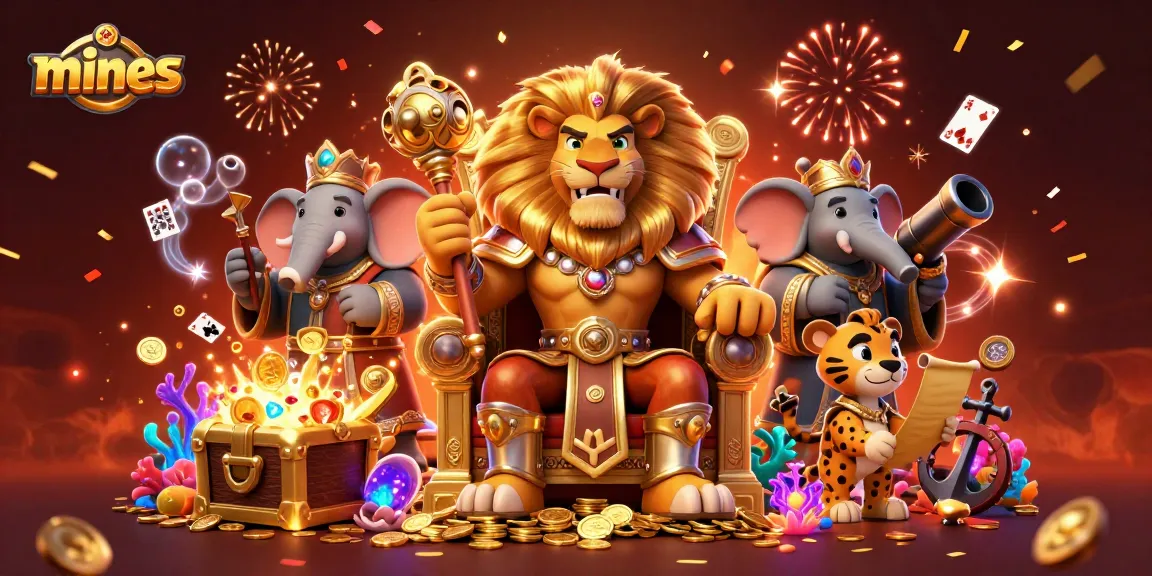 Engage in the Mines game with the majestic lion king surrounded by vibrant casino treasures and festive elements.