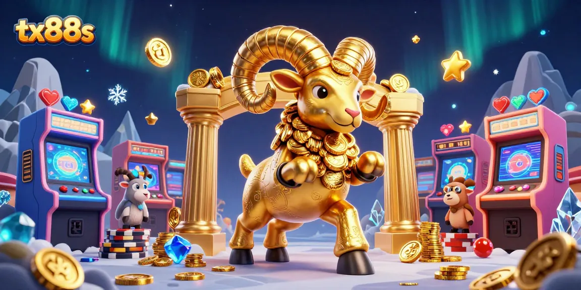 Experience thrilling gaming at tx88s with dynamic visuals of a golden ram and vibrant arcade elements
