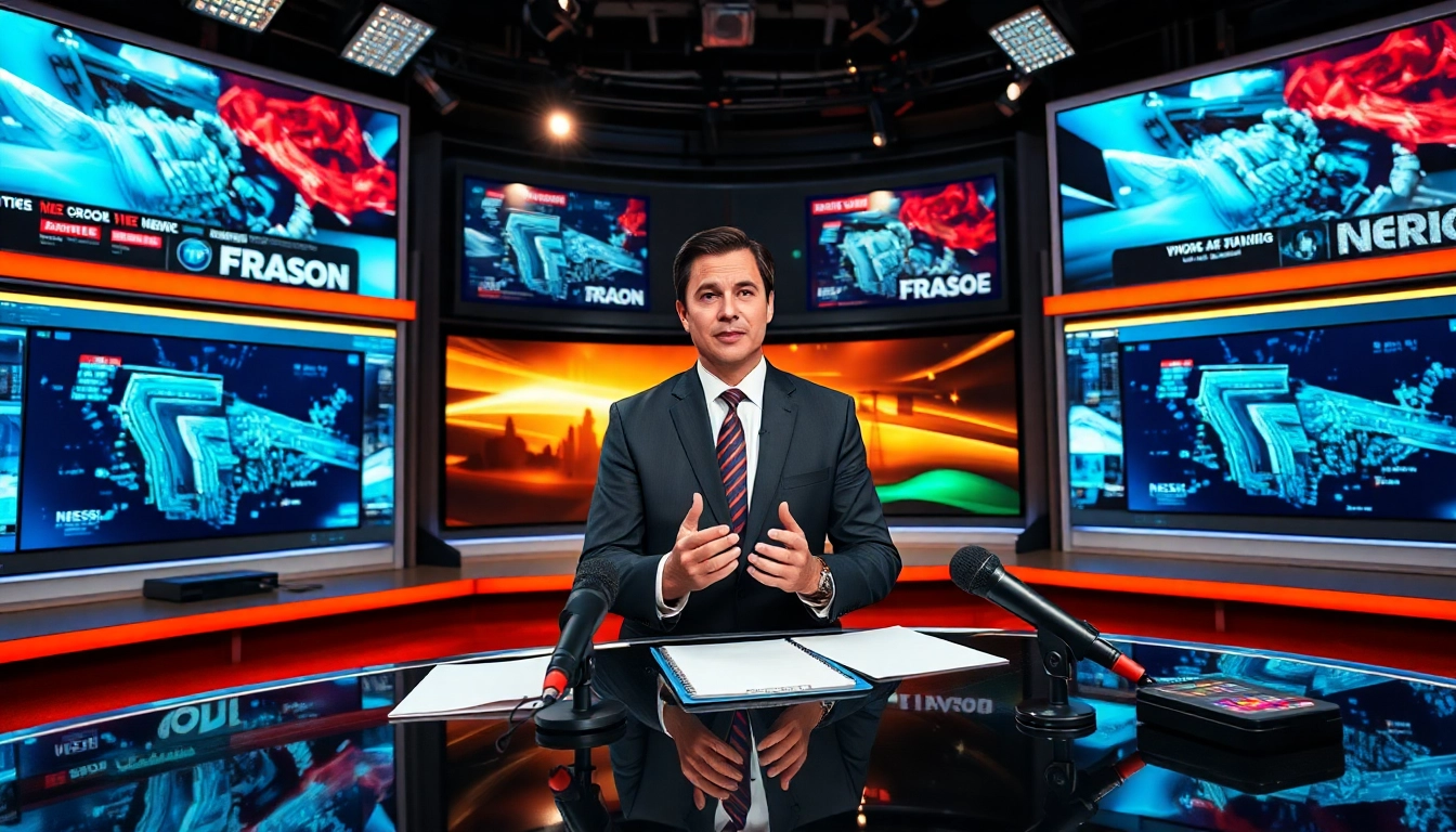 News anchor presenting live updates in a sleek newsroom environment.