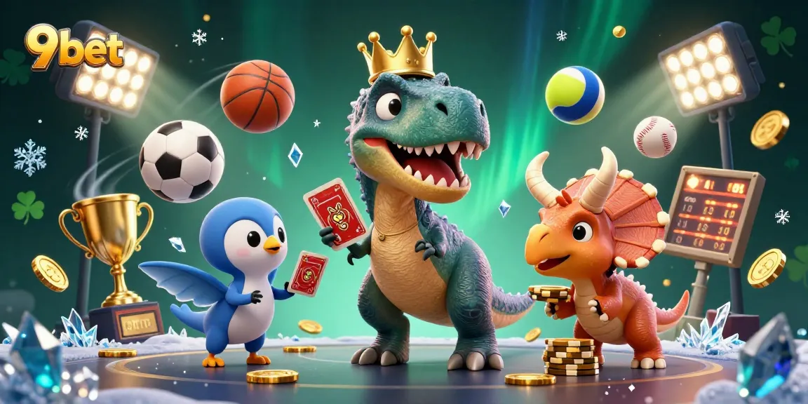 Engage with 9bet's thrilling sports betting scene featuring celebratory characters and dynamic elements.