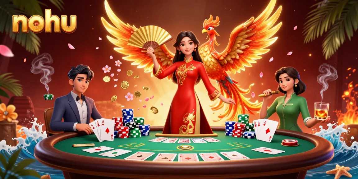 Nohu jackpot gaming scene with a Vietnamese woman, phoenix, poker elements, and gold coins.