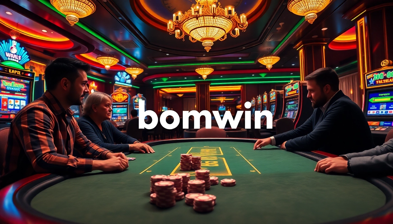 Experience thrilling poker action at a luxurious table with bomwin players, vibrant casino lights, and excitement in the air.