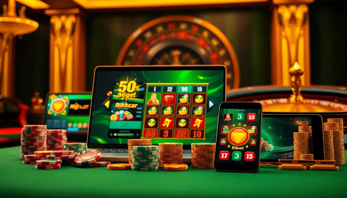 Bắn cá rikbet digital interface with vibrant casino elements like poker chips and roulette wheel.