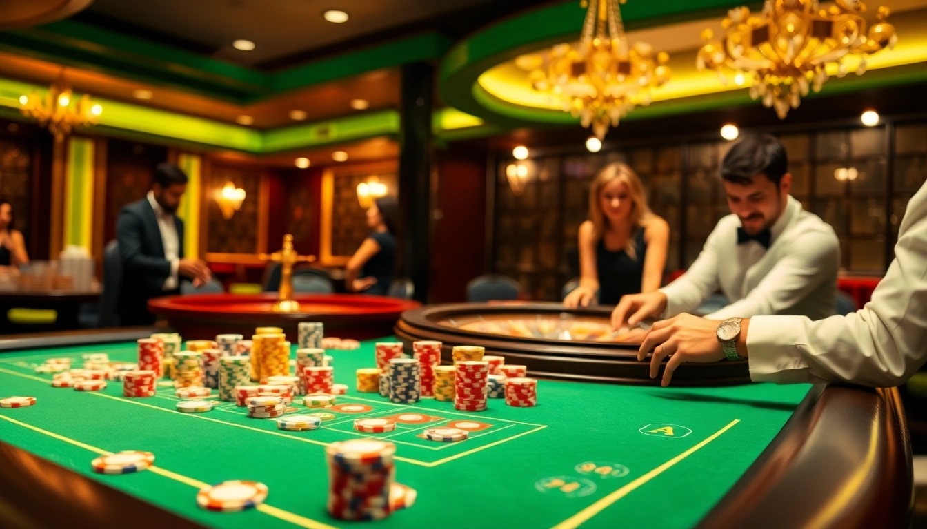 Players enjoying a thrilling game at the sunwin casino table, filled with poker chips and cards.