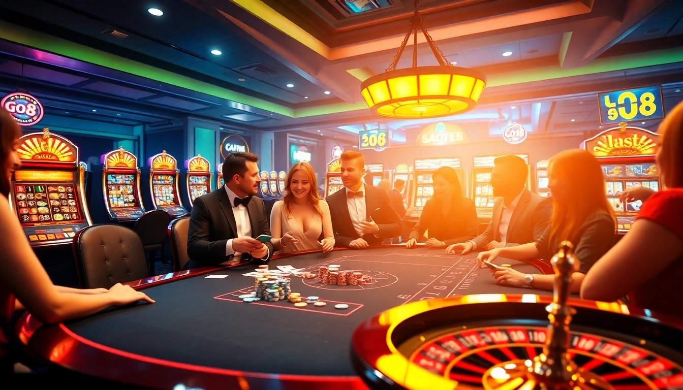 Players enjoying a thrilling poker game at a luxurious casino table with go8 chips and vibrant slot machines.