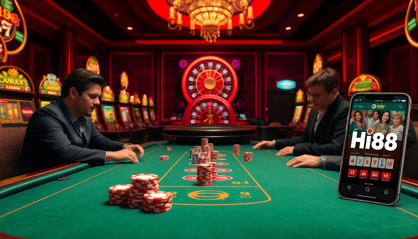 Experience thrilling online gambling at Hi88's luxurious poker table with vibrant slot machines.