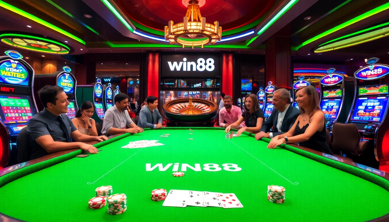 Win88 casino gaming table with poker chips and vibrant slot machines in a luxurious setting