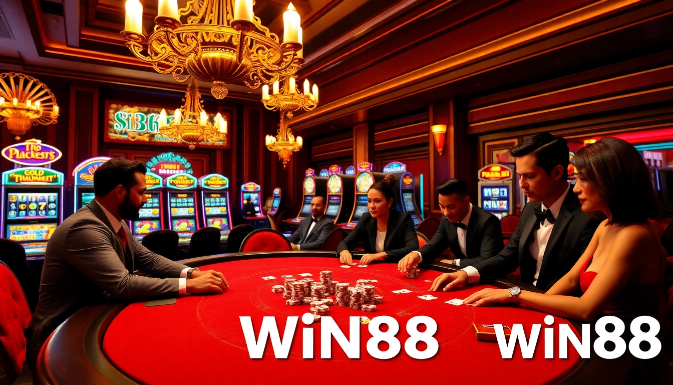 Win88 casino players strategizing at a glamorous poker table, surrounded by vibrant slot machines.