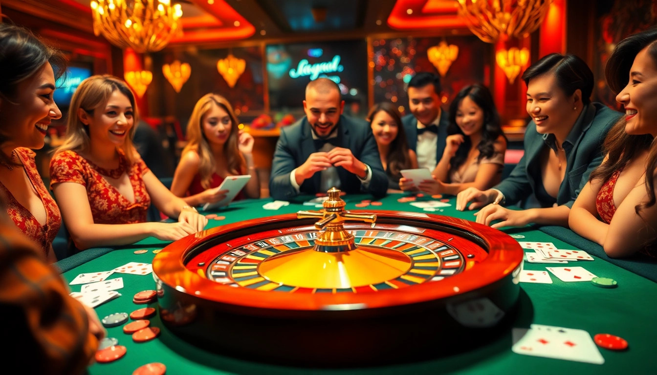 Players engaged in a thrilling ggwin casino game around a roulette table, immersed in excitement.