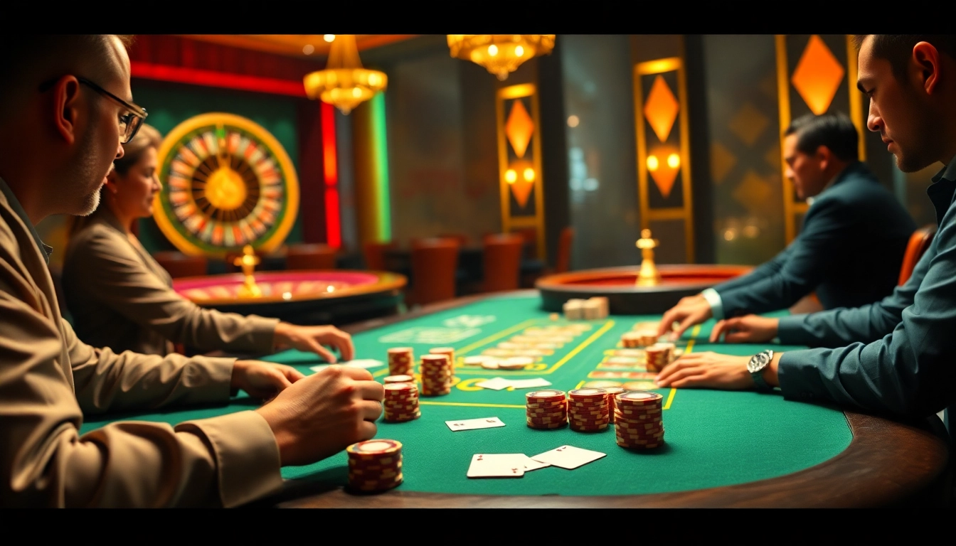 Players enjoy a thrilling game of poker at Hi88, surrounded by luxurious casino elements.