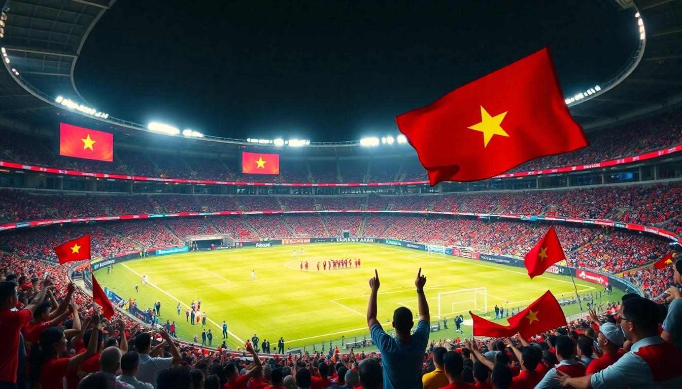 Exciting match day atmosphere at Giải Bóng đá Vô địch Quốc gia Việt Nam with passionate fans in a vibrant stadium.