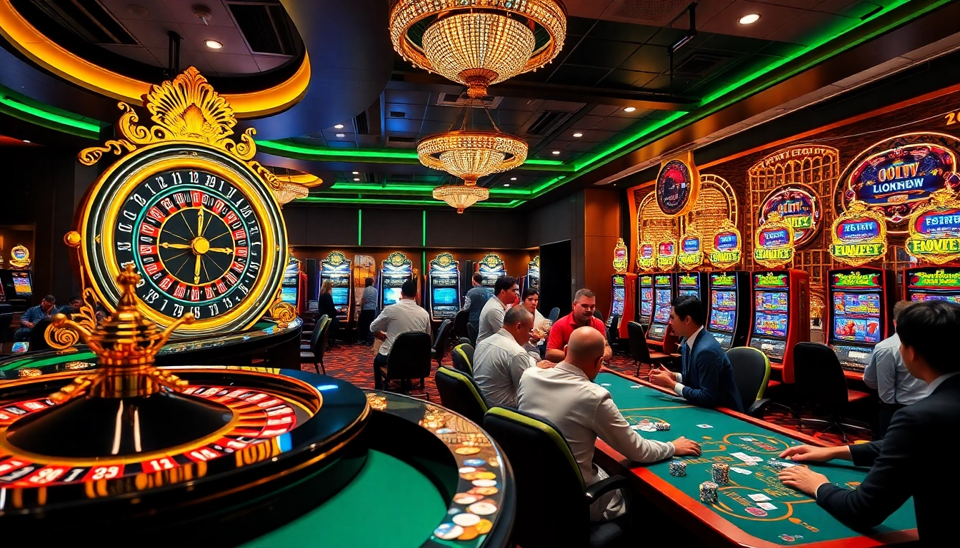 Jogadores desfrutando de jogos emocionantes no cassino 001WIN, destacando emoção e luxo.