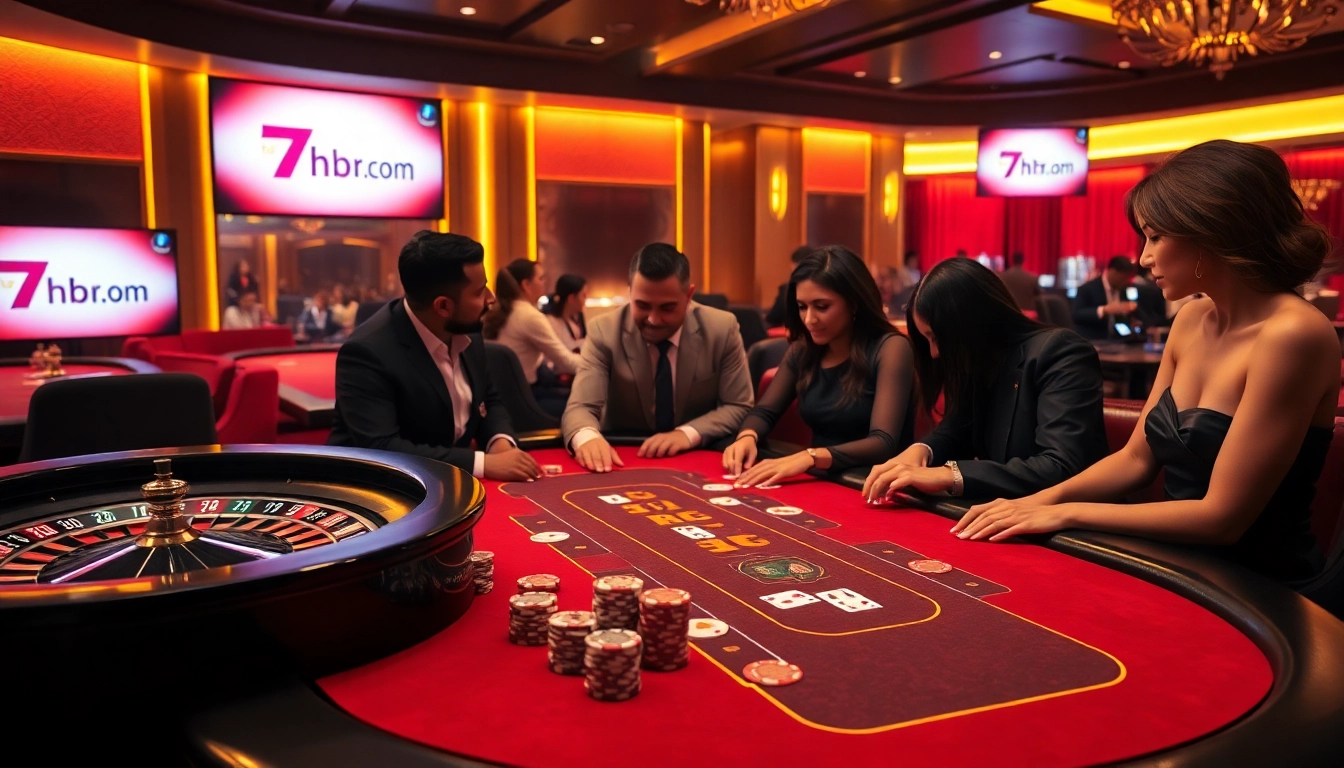 Players engaging in a strategic poker game at 7hh.br.com, surrounded by luxurious casino elements.