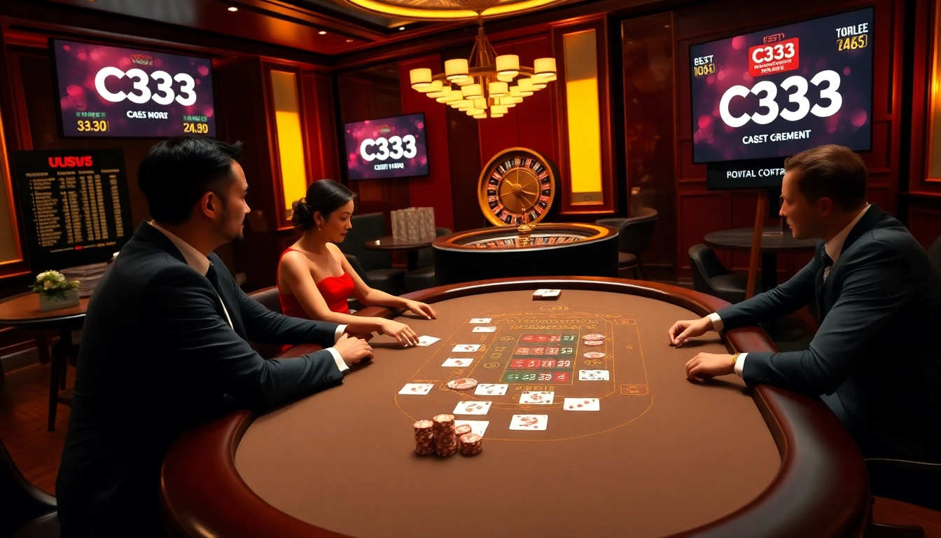 Experimente a emoção da plataforma C333 enquanto jogadores interagem em uma mesa de pôquer luxuosa.