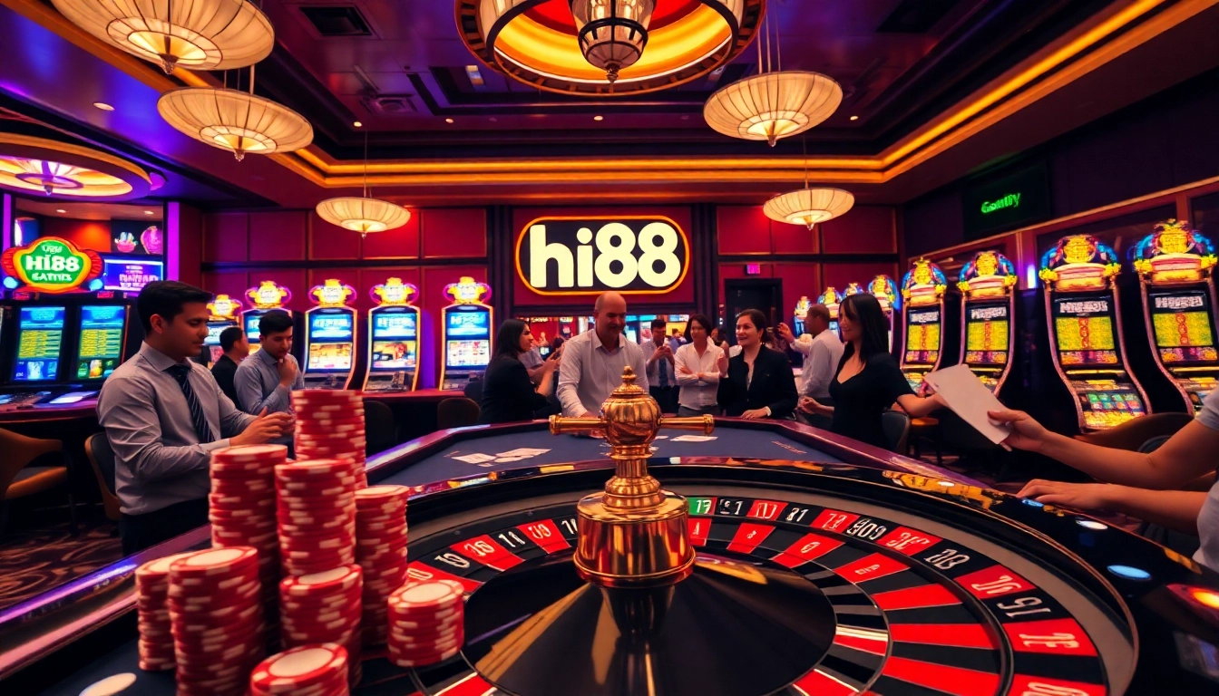 Experience thrilling wins at Hi88 casino with poker chips and vibrant gaming tables.