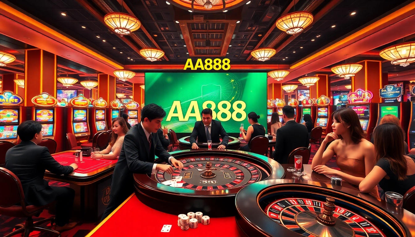 Viva a emoção das apostas na AA888 com jogadores em mesas de cassino vibrantes e interfaces de jogo.