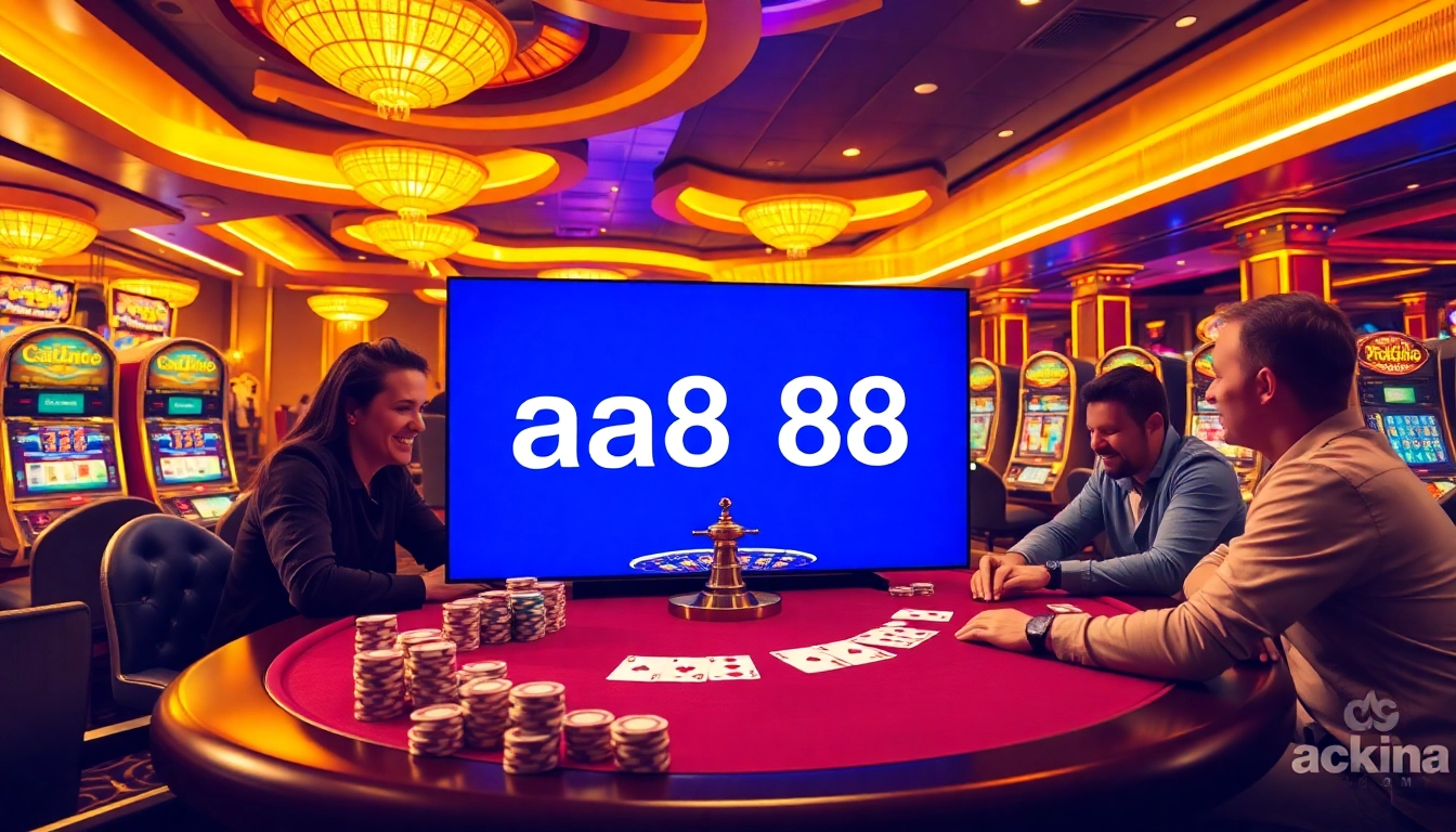 Jogadores de cassino envolvidos em um emocionante jogo de pôquer, com pilhas de fichas e uma roleta, com a marca aa888.