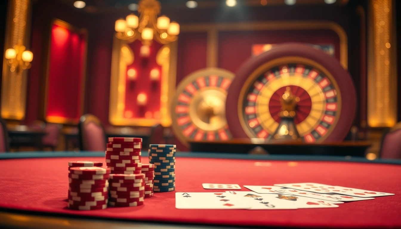 Experience the thrill of high-stakes gaming at DW8, featuring poker chips and an elegant roulette wheel.