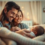 Family with new bornbaby sharing a heartfelt moment in a cozy living room.