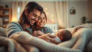 Family with new bornbaby sharing a heartfelt moment in a cozy living room.