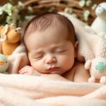 Captivating Babyfotografie showcasing a serene infant in a soft, floral setting.