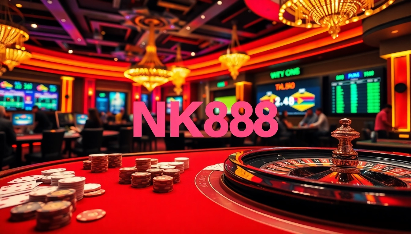 NK88 casino scene showcasing thrilling gameplay with poker chips, cards, and a roulette wheel.